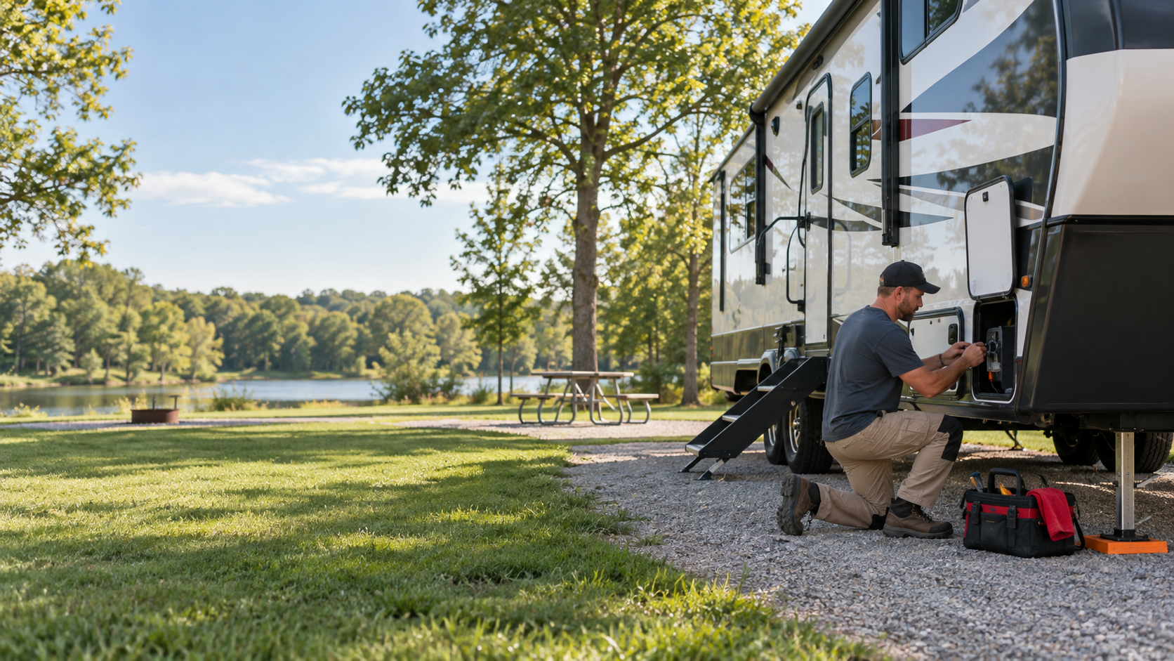 Mobile RV service technician working beside a travel trailer